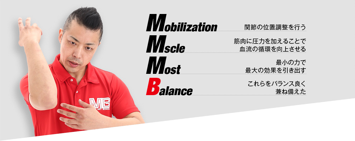 Mobilization 関節の位置調整を行う Mscle 筋肉に圧力を加えることで血流の循環を向上させる Most 最小の力で最大の効果を引き出す Balance これらをバランス良く兼ね備えた